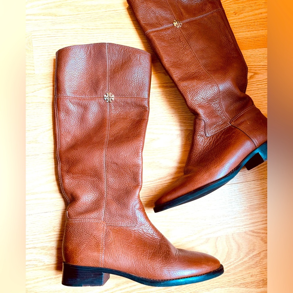 Tory Burch riding boot leather gold logo brown zipper knee length size 9.5